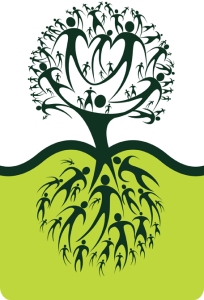 Graphic of a tree, with both the branches and roots made of people,